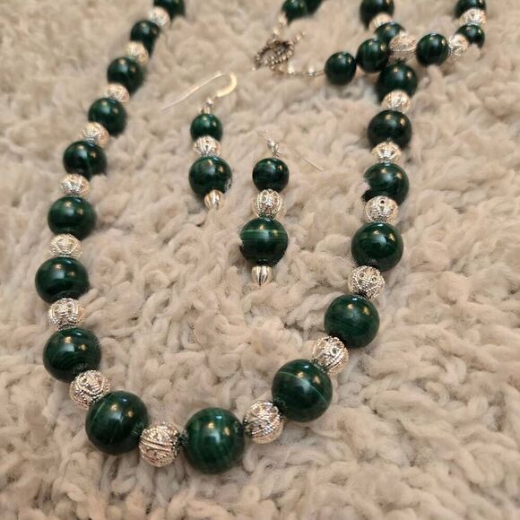 NEW Malachite & Sterling Silver Necklace Set 3 piece - Picture 4 of 11